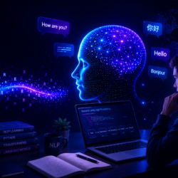 Illustration of Natural Language Processing (NLP) technology powering AI chatbots, language translation, voice recognition, and global communication networks