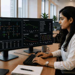 Electrical engineer analysing power system simulation software on dual monitors