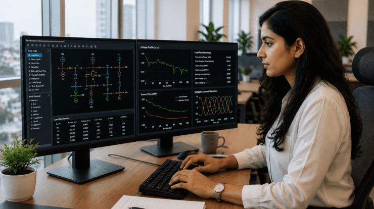 Electrical engineer analysing power system simulation software on dual monitors